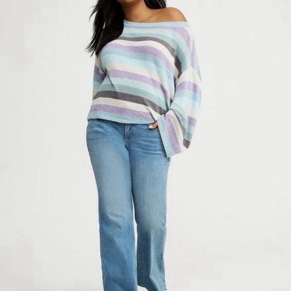 Torrid Size 2 Blue Purple Gray White Striped Sweater Off The Shoulder - Picture 5 of 8